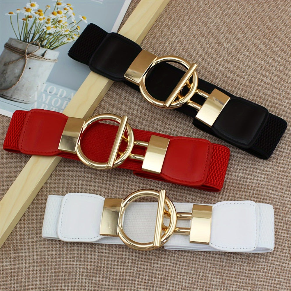 Women's Belt - 's Wide Waist Set 3 Pack Elastic Round Buckle Solid Color Waistband Cinch - product detail view 4