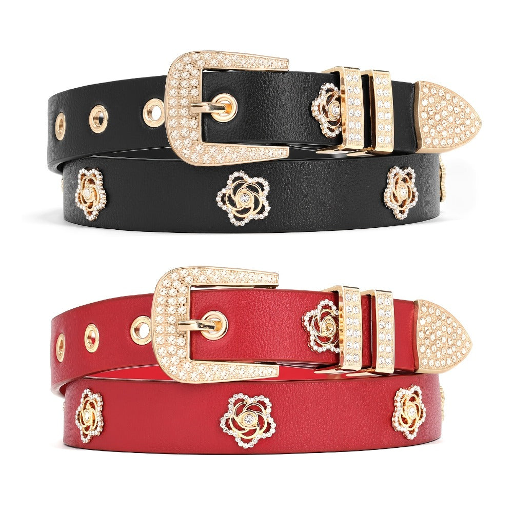 Women's Belt - Studded for 2 Pack - Rhinestone Floral Rivet Punk Y2K Skinny for Jeans - product detail view 4