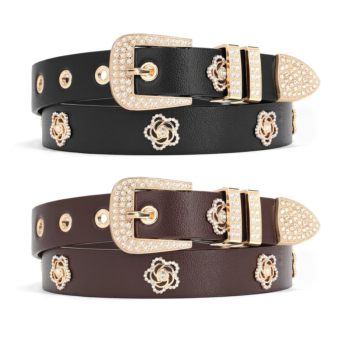 Women's Belt - Studded for 2 Pack - Rhinestone Floral Rivet Punk Y2K Skinny for Jeans - product detail view 12