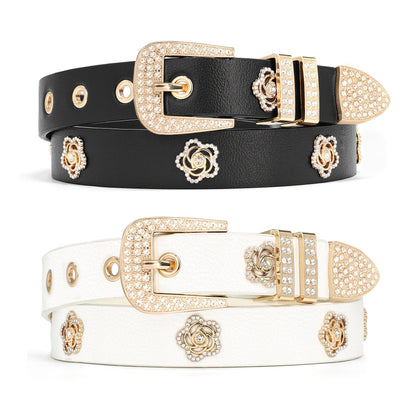 Women's Belt - Studded for 2 Pack - Rhinestone Floral Rivet Punk Y2K Skinny for Jeans - product detail view 15