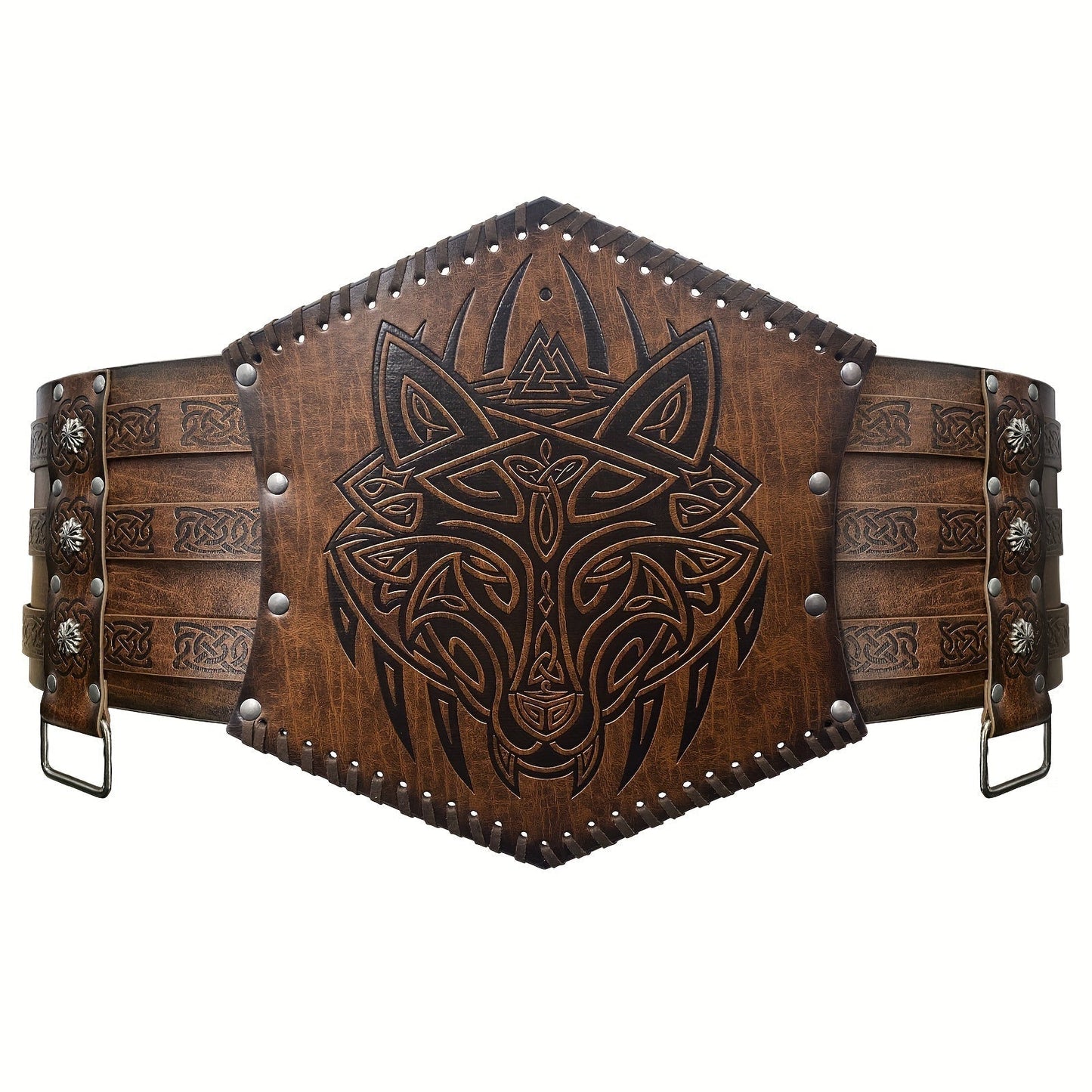 Men's Belt - Viking for Wide PU Leather, Scandinavian Dragon & Wolf Alloy Buckle - product detail view 14