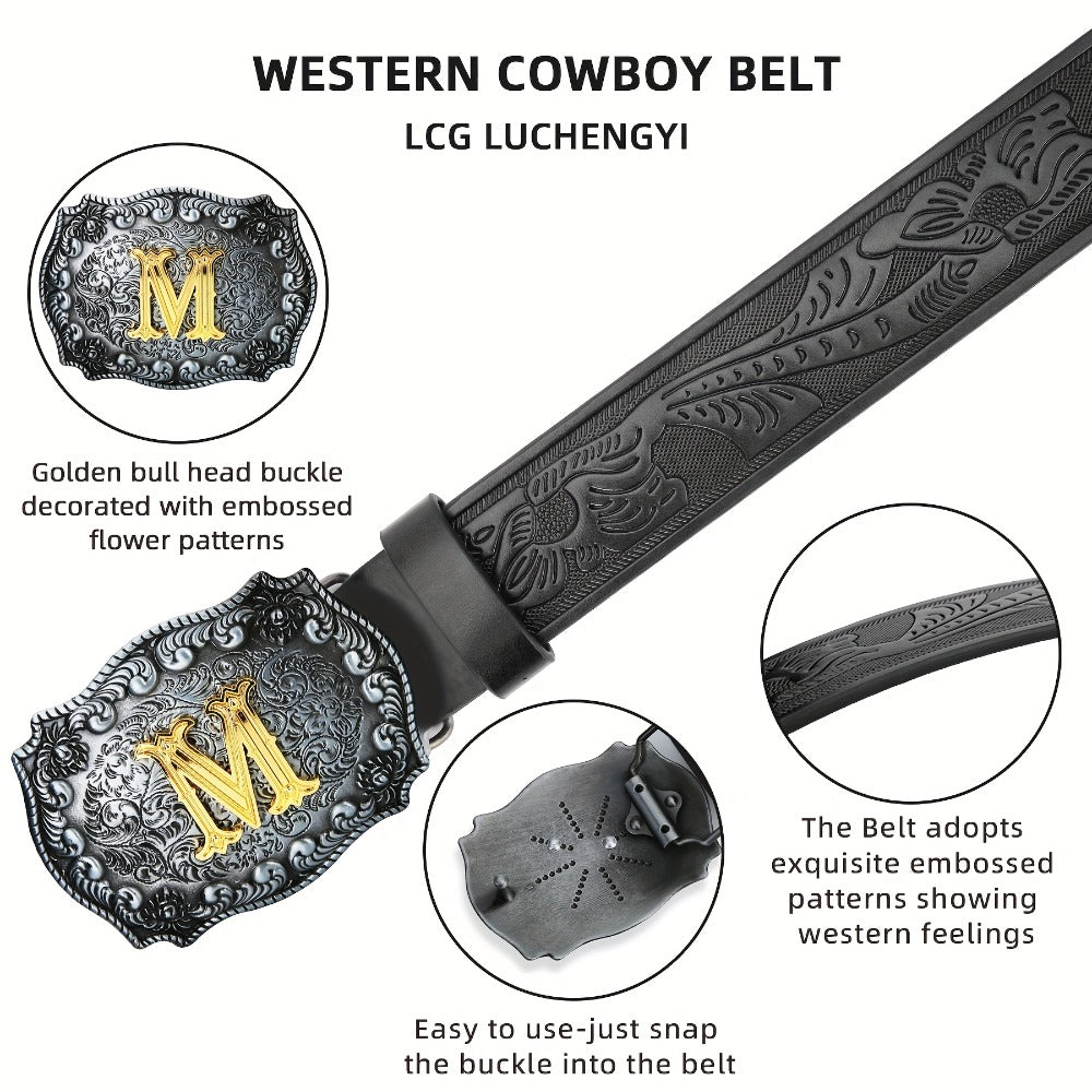 Men's Belt - Western for Embossed Floral Cowboy Longhorn Bull Pattern Big Letter Buckle - product detail view 4