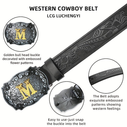 Men's Belt - Western for Embossed Floral Cowboy Longhorn Bull Pattern Big Letter Buckle - product detail view 4