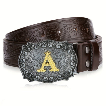 Men's Belt - Western for Embossed Floral Cowboy Longhorn Bull Pattern Big Letter Buckle - product detail view 5