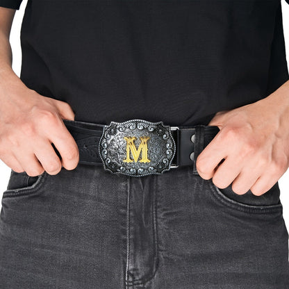 Men's Belt - Western for Embossed Floral Cowboy Longhorn Bull Pattern Big Letter Buckle - product detail view 6