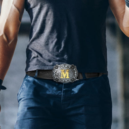 Men's Belt - Western for Embossed Floral Cowboy Longhorn Bull Pattern Big Letter Buckle - product detail view 8