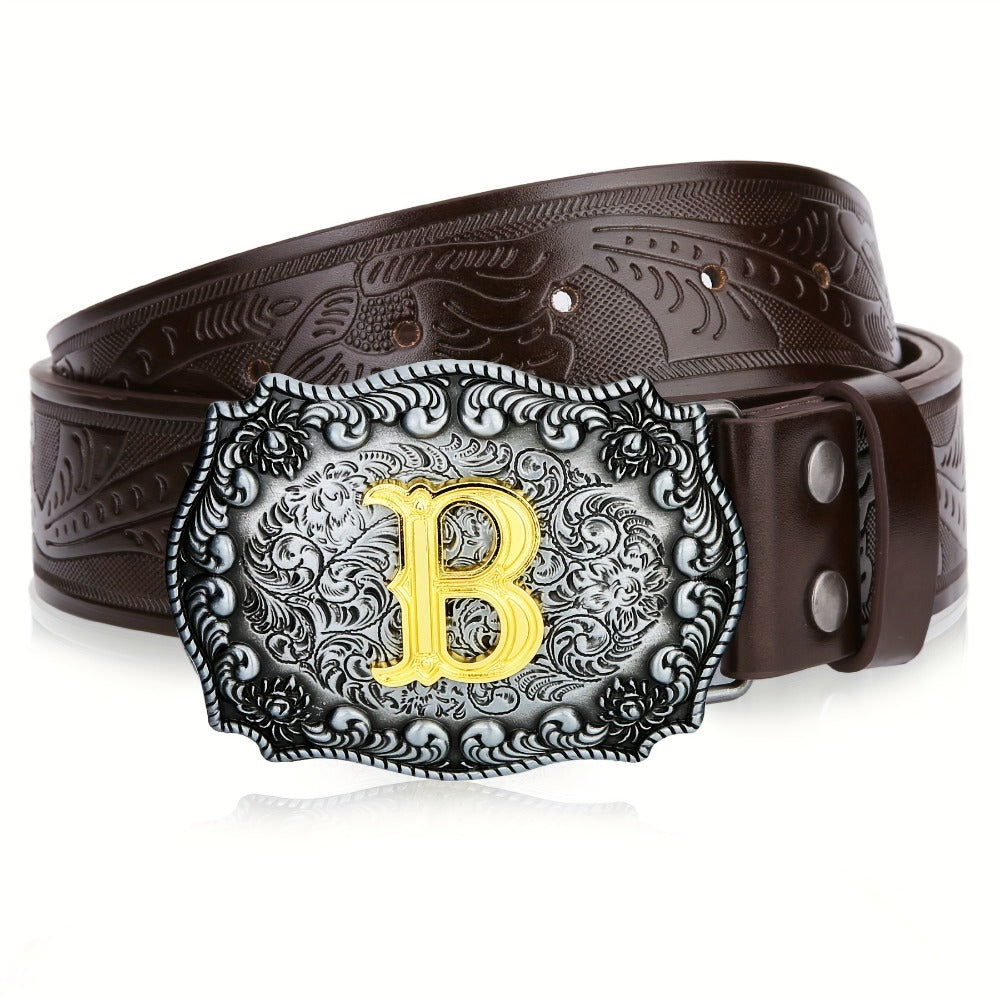 Men's Belt - Western for Embossed Floral Cowboy Longhorn Bull Pattern Big Letter Buckle - product detail view 9