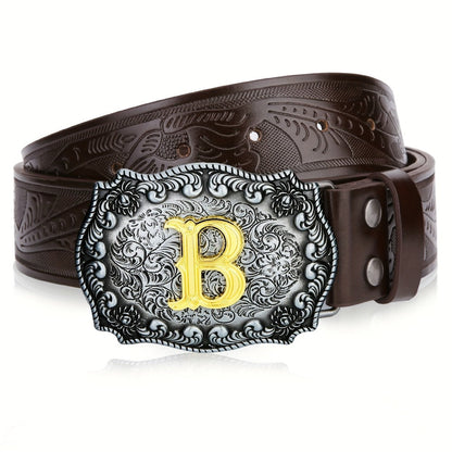 Men's Belt - Western for Embossed Floral Cowboy Longhorn Bull Pattern Big Letter Buckle - product detail view 9