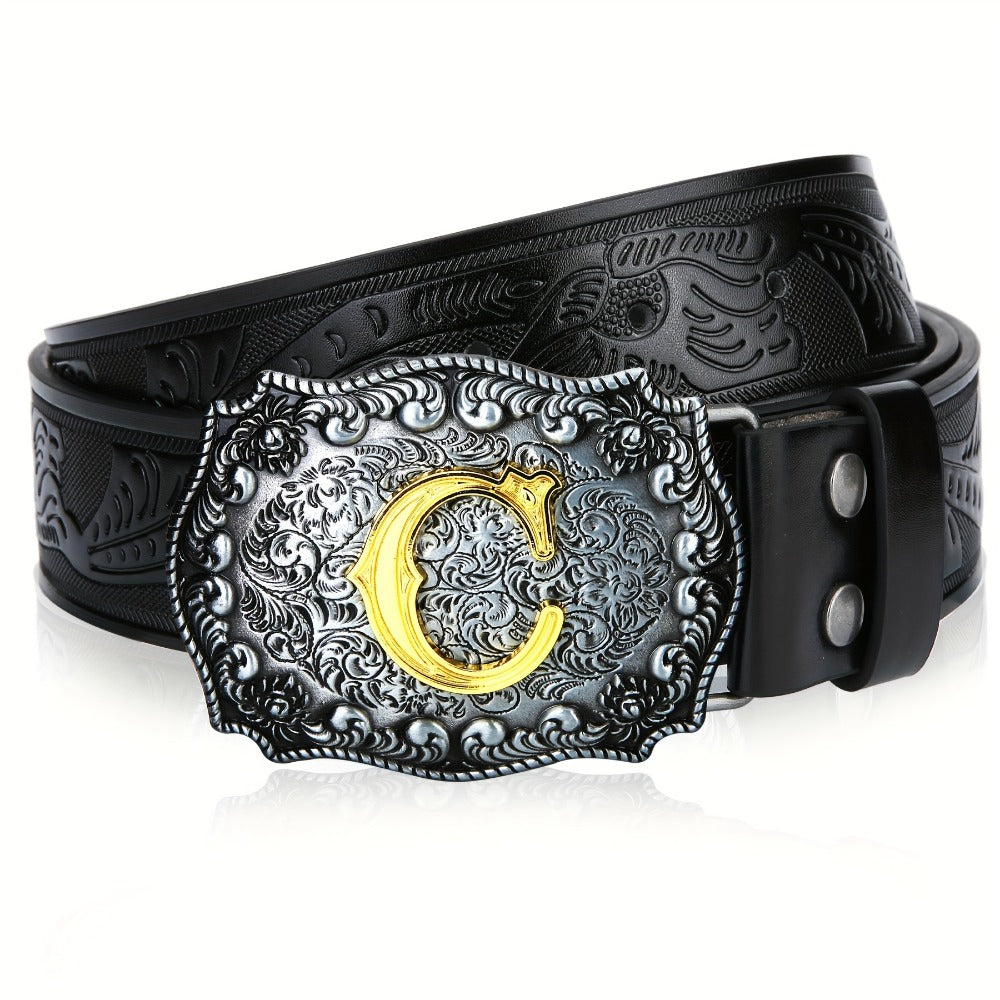 Men's Belt - Western for Embossed Floral Cowboy Longhorn Bull Pattern Big Letter Buckle - product detail view 11