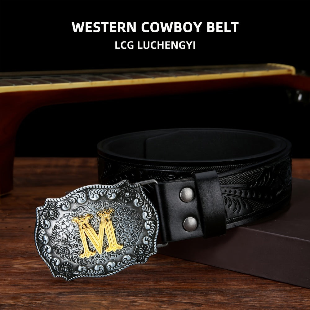 Men's Belt - Western for Embossed Floral Cowboy Longhorn Bull Pattern Big Letter Buckle - product detail view 12