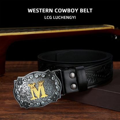 Men's Belt - Western for Embossed Floral Cowboy Longhorn Bull Pattern Big Letter Buckle - product detail view 12