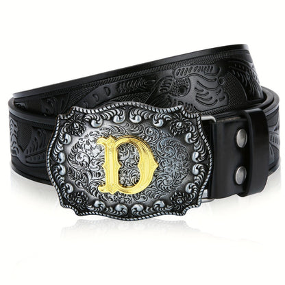 Men's Belt - Western for Embossed Floral Cowboy Longhorn Bull Pattern Big Letter Buckle - product detail view 15
