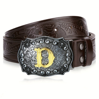 Men's Belt - Western for Embossed Floral Cowboy Longhorn Bull Pattern Big Letter Buckle - product detail view 16