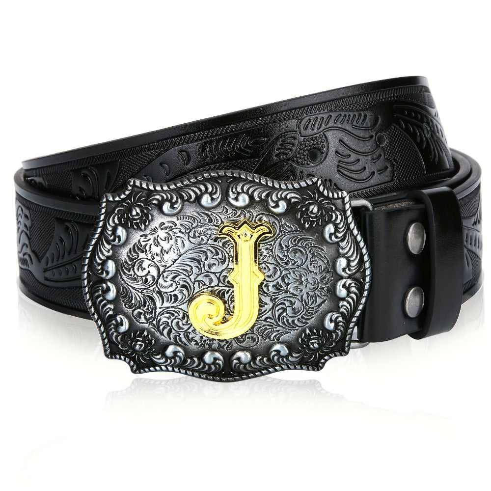Men's Belt - Western for Embossed Floral Cowboy Longhorn Bull Pattern Big Letter Buckle - product detail view 17
