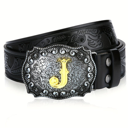 Men's Belt - Western for Embossed Floral Cowboy Longhorn Bull Pattern Big Letter Buckle - product detail view 17