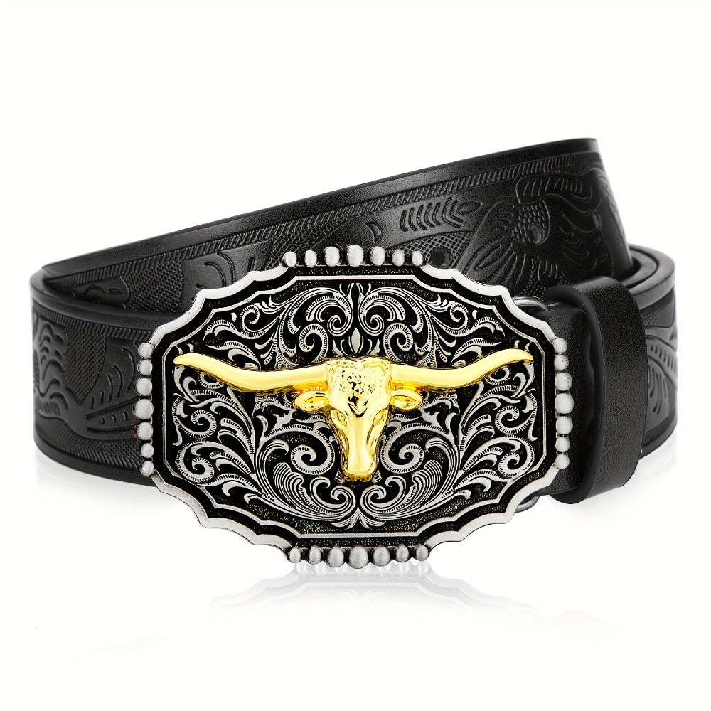 Men's Belt - Western for Embossed Floral Cowboy Longhorn Bull Pattern Big Letter Buckle - product detail view 22