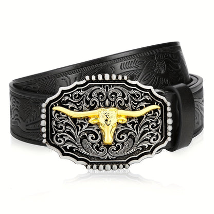 Men's Belt - Western for Embossed Floral Cowboy Longhorn Bull Pattern Big Letter Buckle - product detail view 22