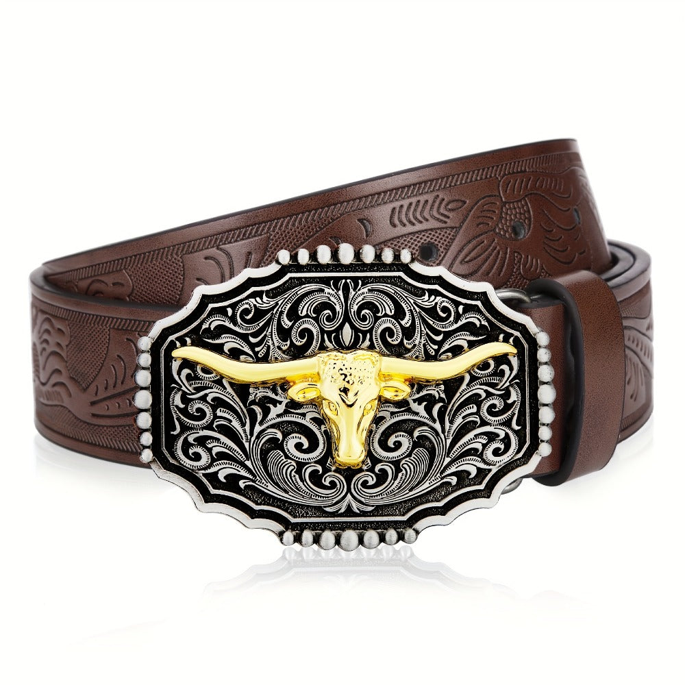 Men's Belt - Western for Embossed Floral Cowboy Longhorn Bull Pattern Big Letter Buckle - product detail view 24