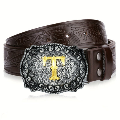 Men's Belt - Western for Embossed Floral Cowboy Longhorn Bull Pattern Big Letter Buckle - product detail view 26