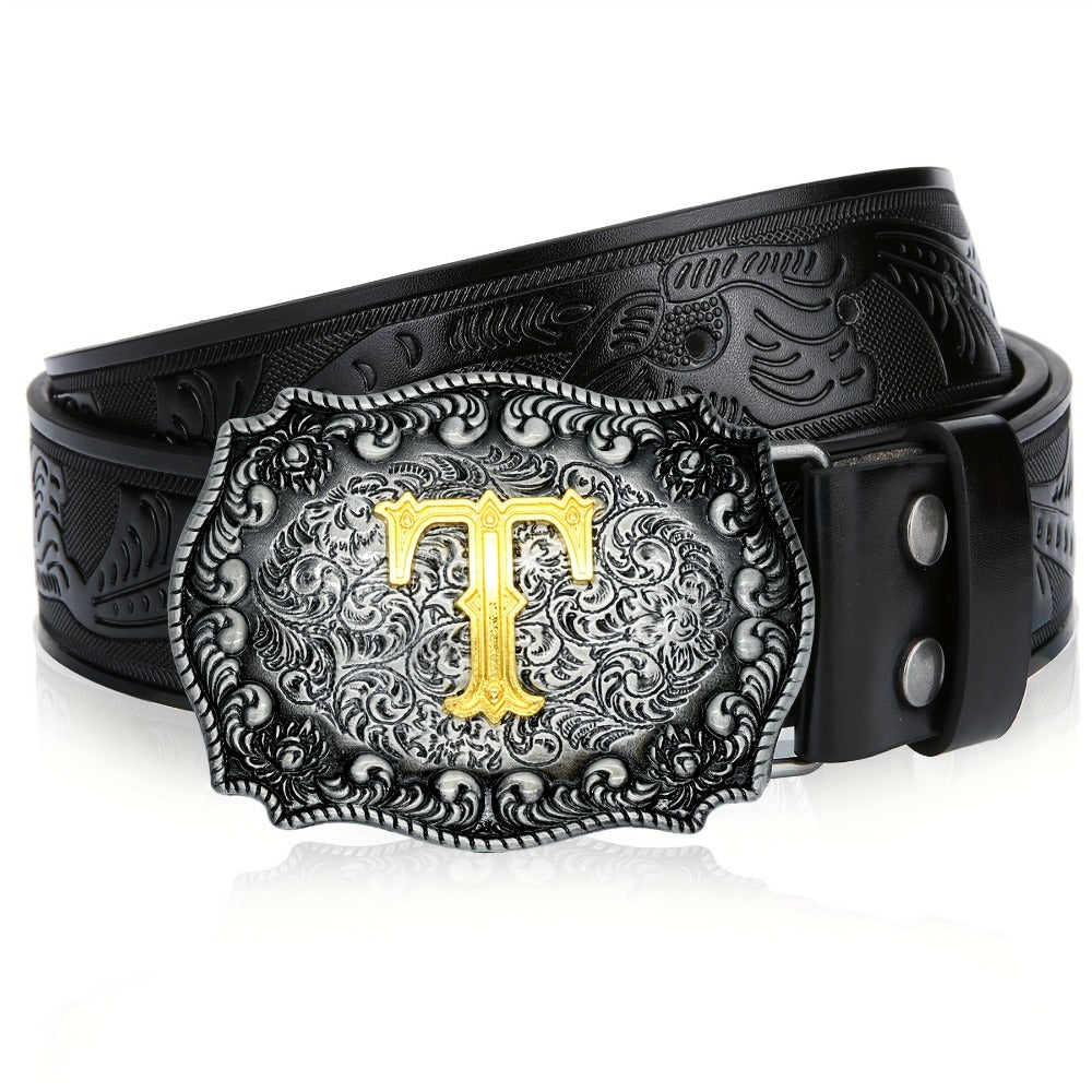 Men's Belt - Western for Embossed Floral Cowboy Longhorn Bull Pattern Big Letter Buckle - product detail view 27