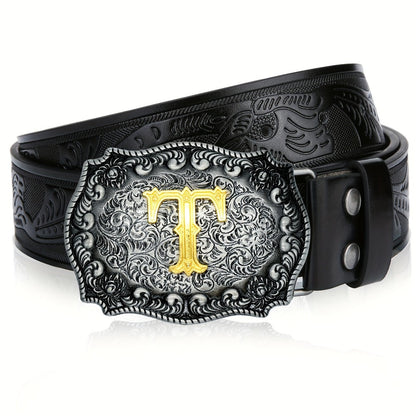 Men's Belt - Western for Embossed Floral Cowboy Longhorn Bull Pattern Big Letter Buckle - product detail view 27
