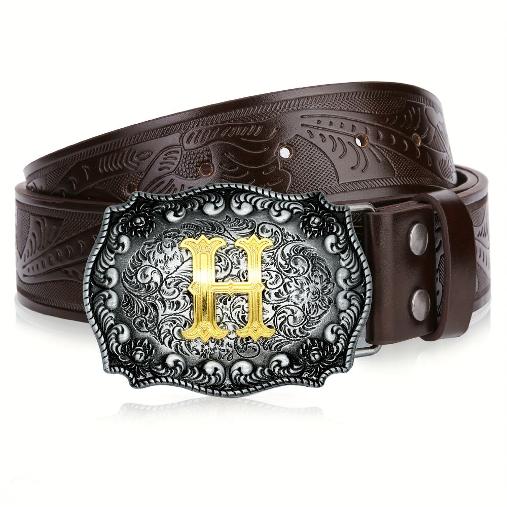 Men's Belt - Western for Embossed Floral Cowboy Longhorn Bull Pattern Big Letter Buckle - product detail view 28