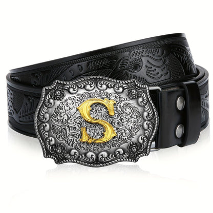 Men's Belt - Western for Embossed Floral Cowboy Longhorn Bull Pattern Big Letter Buckle - product detail view 30