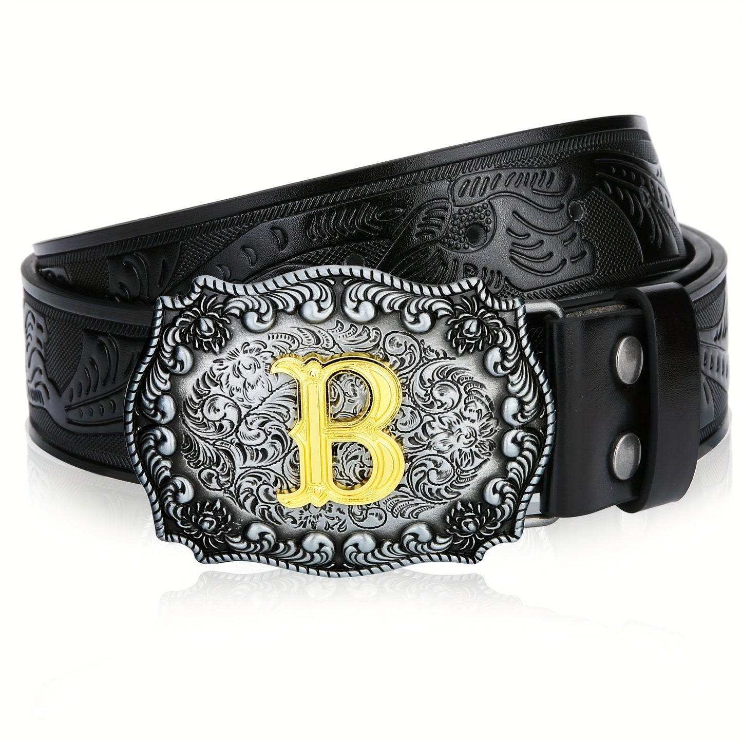 Men's Belt - Western for Embossed Floral Cowboy Longhorn Bull Pattern Big Letter Buckle - product detail view 31