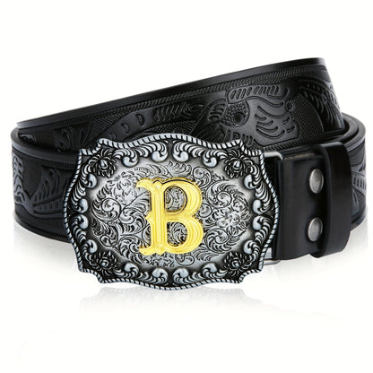 Men's Belt - Western for Embossed Floral Cowboy Longhorn Bull Pattern Big Letter Buckle - product detail view 31