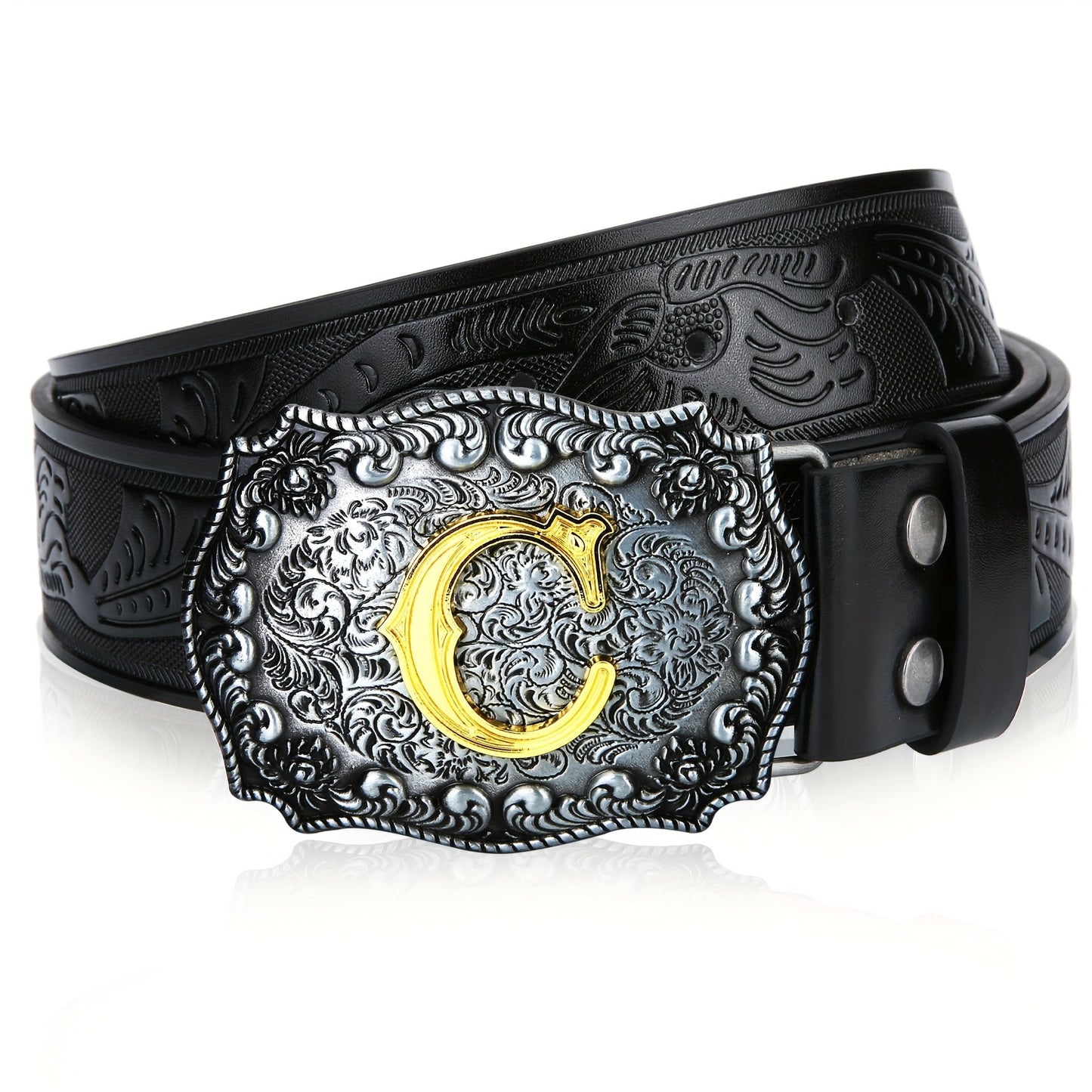 Men's Belt - Western for Embossed Floral Cowboy Longhorn Bull Pattern Big Letter Buckle - product detail view 33