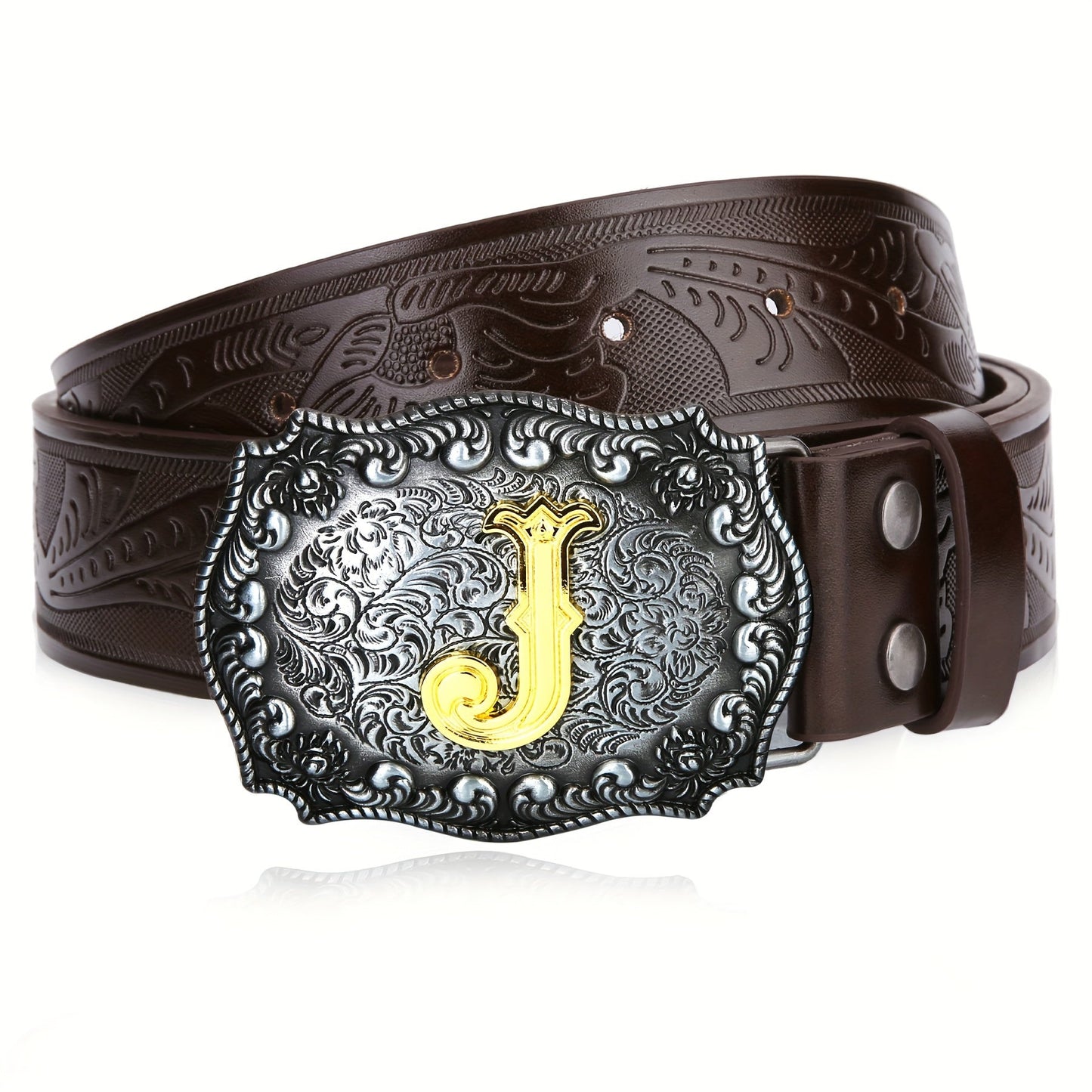 Men's Belt - Western for Embossed Floral Cowboy Longhorn Bull Pattern Big Letter Buckle - product detail view 36