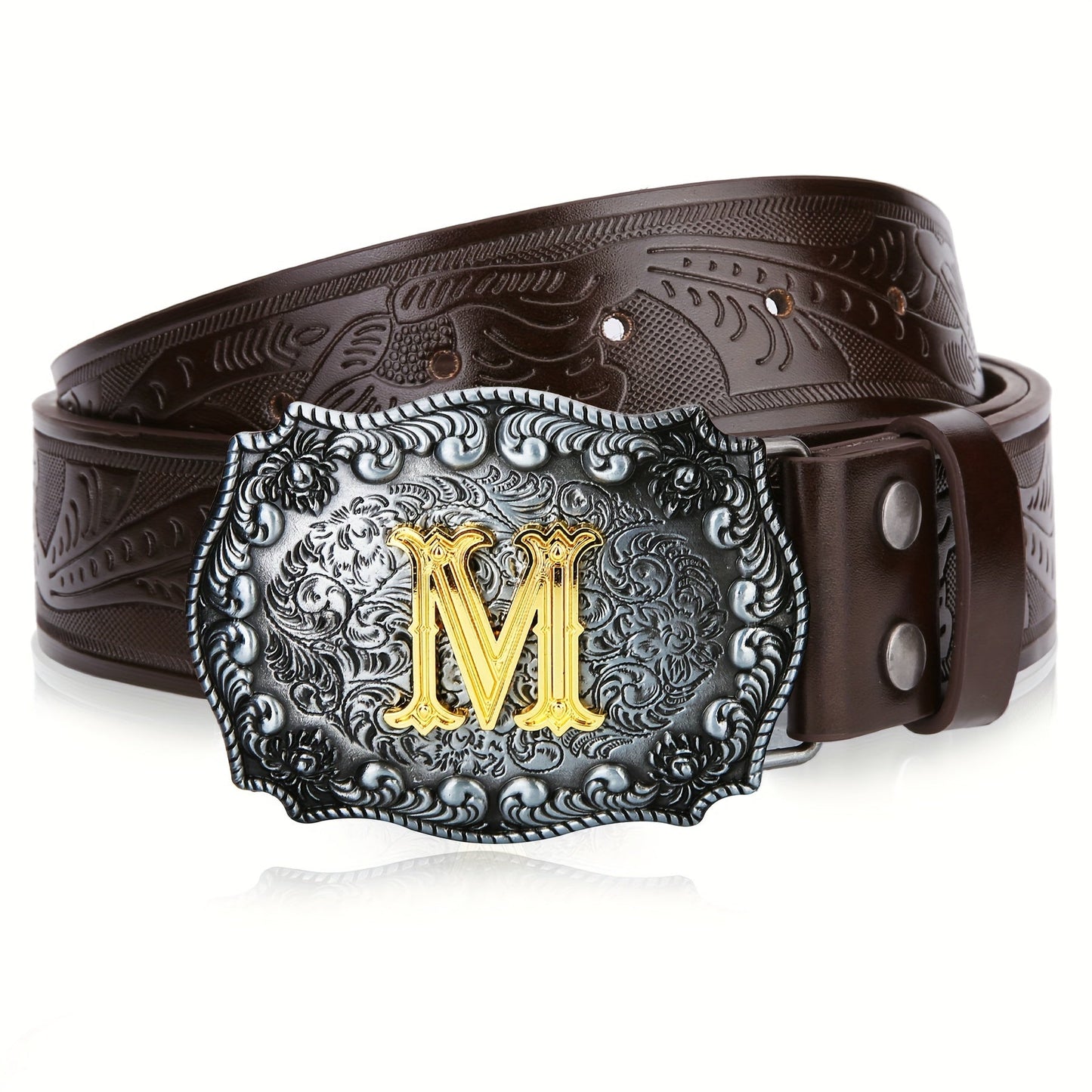 Men's Belt - Western for Embossed Floral Cowboy Longhorn Bull Pattern Big Letter Buckle - product detail view 37