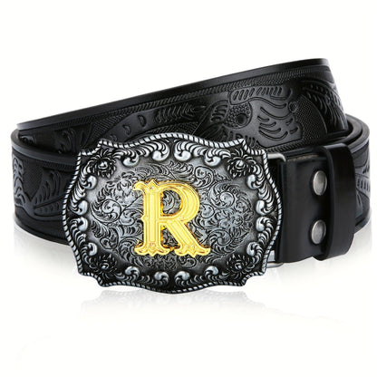 Men's Belt - Western for Embossed Floral Cowboy Longhorn Bull Pattern Big Letter Buckle - product detail view 38