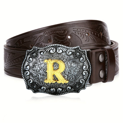 Men's Belt - Western for Embossed Floral Cowboy Longhorn Bull Pattern Big Letter Buckle - product detail view 39