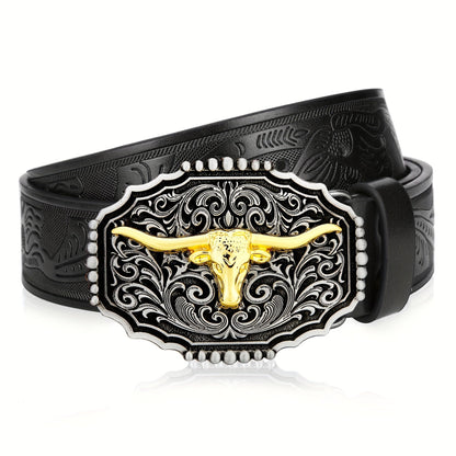Men's Belt - Western for Embossed Floral Cowboy Longhorn Bull Pattern Big Letter Buckle - product detail view 40