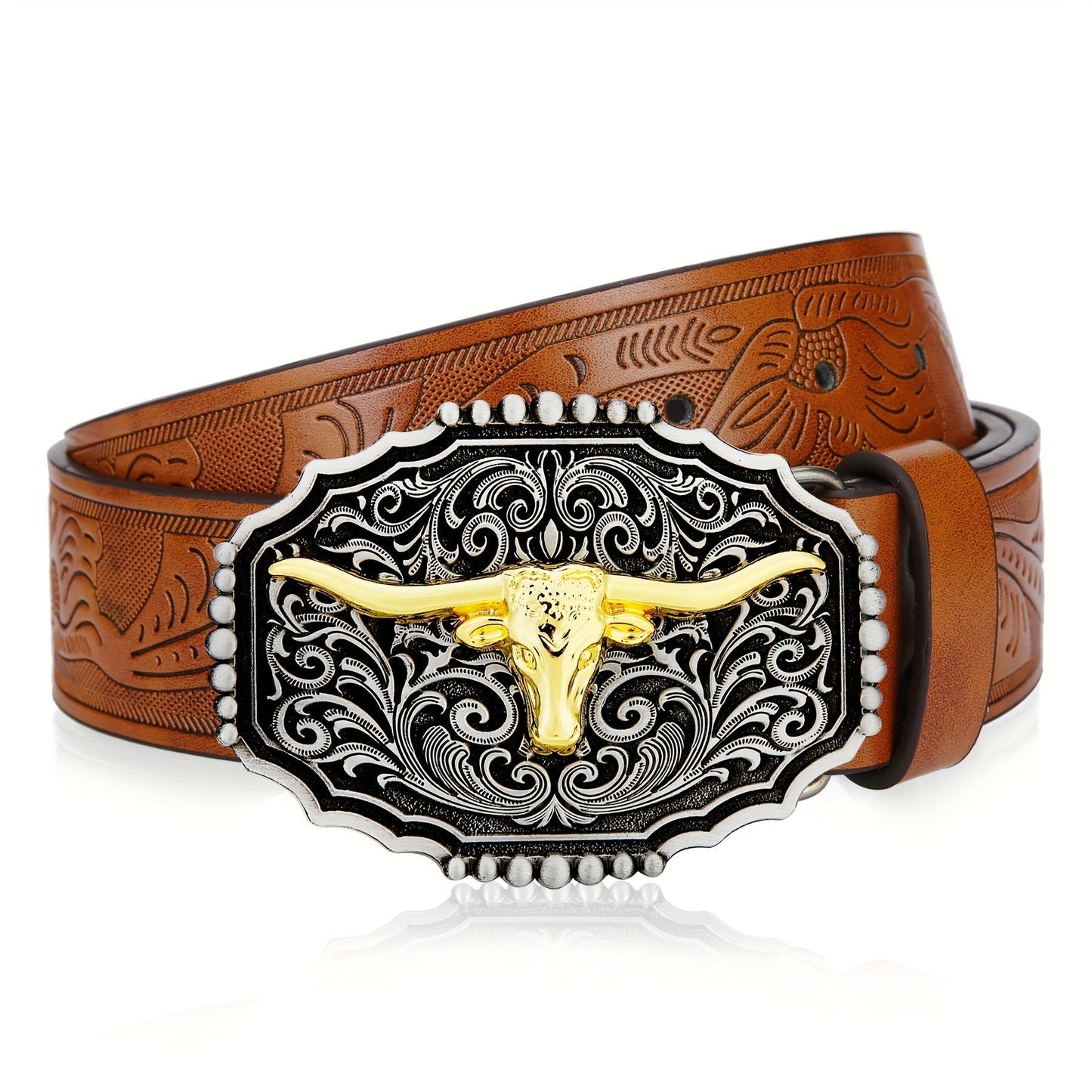 Men's Belt - Western for Embossed Floral Cowboy Longhorn Bull Pattern Big Letter Buckle - product detail view 41