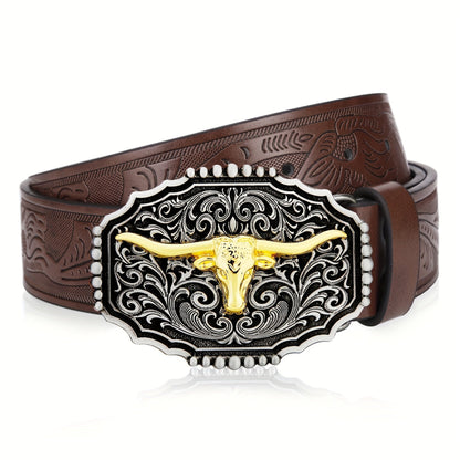 Men's Belt - Western for Embossed Floral Cowboy Longhorn Bull Pattern Big Letter Buckle - product detail view 42