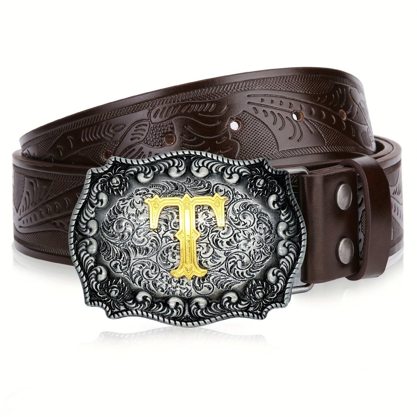 Men's Belt - Western for Embossed Floral Cowboy Longhorn Bull Pattern Big Letter Buckle - product detail view 43
