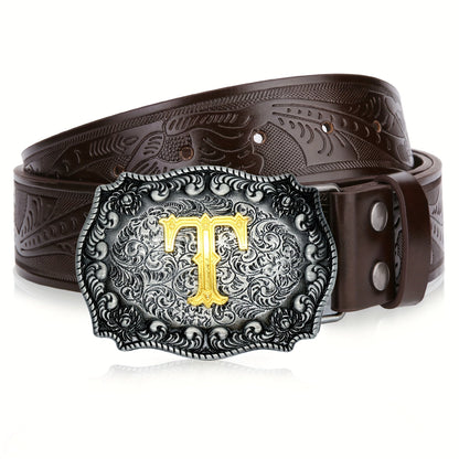 Men's Belt - Western for Embossed Floral Cowboy Longhorn Bull Pattern Big Letter Buckle - product detail view 43