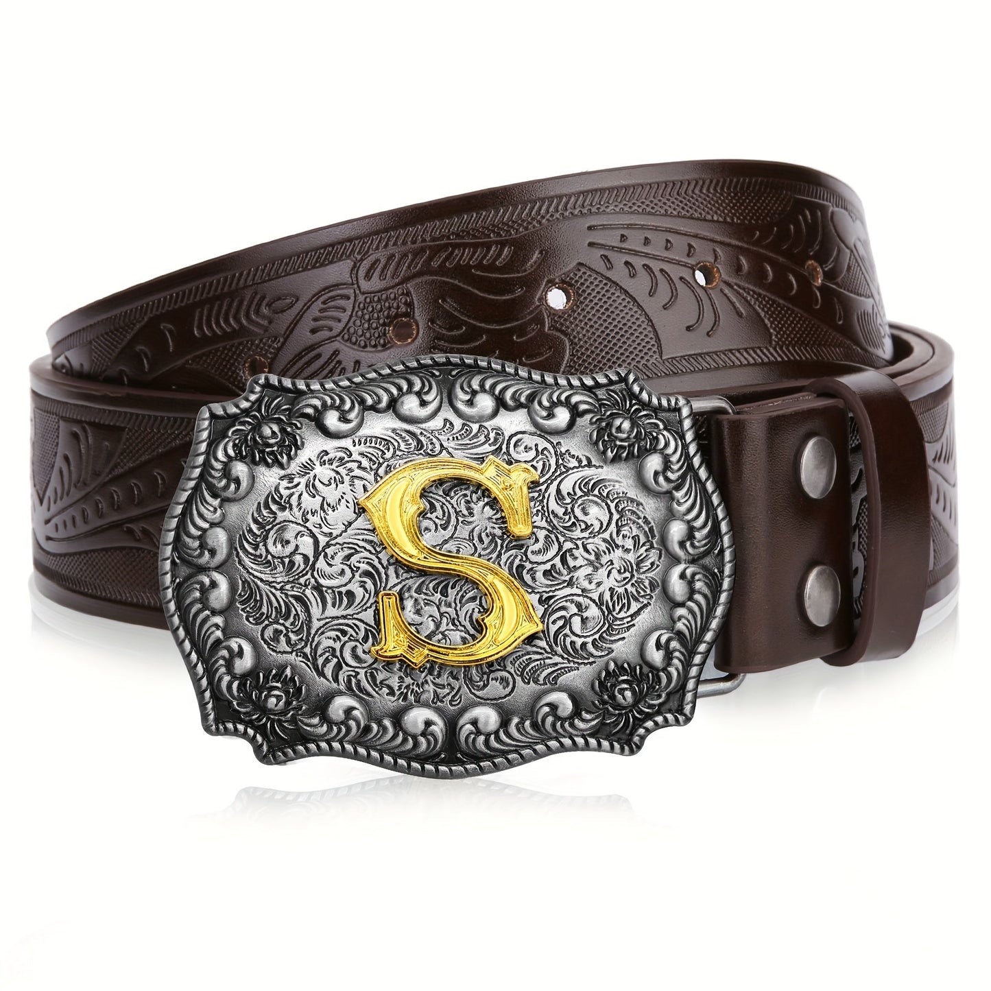 Men's Belt - Western for Embossed Floral Cowboy Longhorn Bull Pattern Big Letter Buckle - product detail view 45