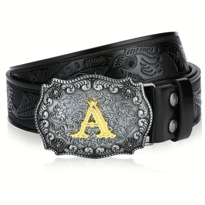 Men's Belt - Western for Embossed Floral Cowboy Longhorn Bull Pattern Big Letter Buckle - product detail view 47
