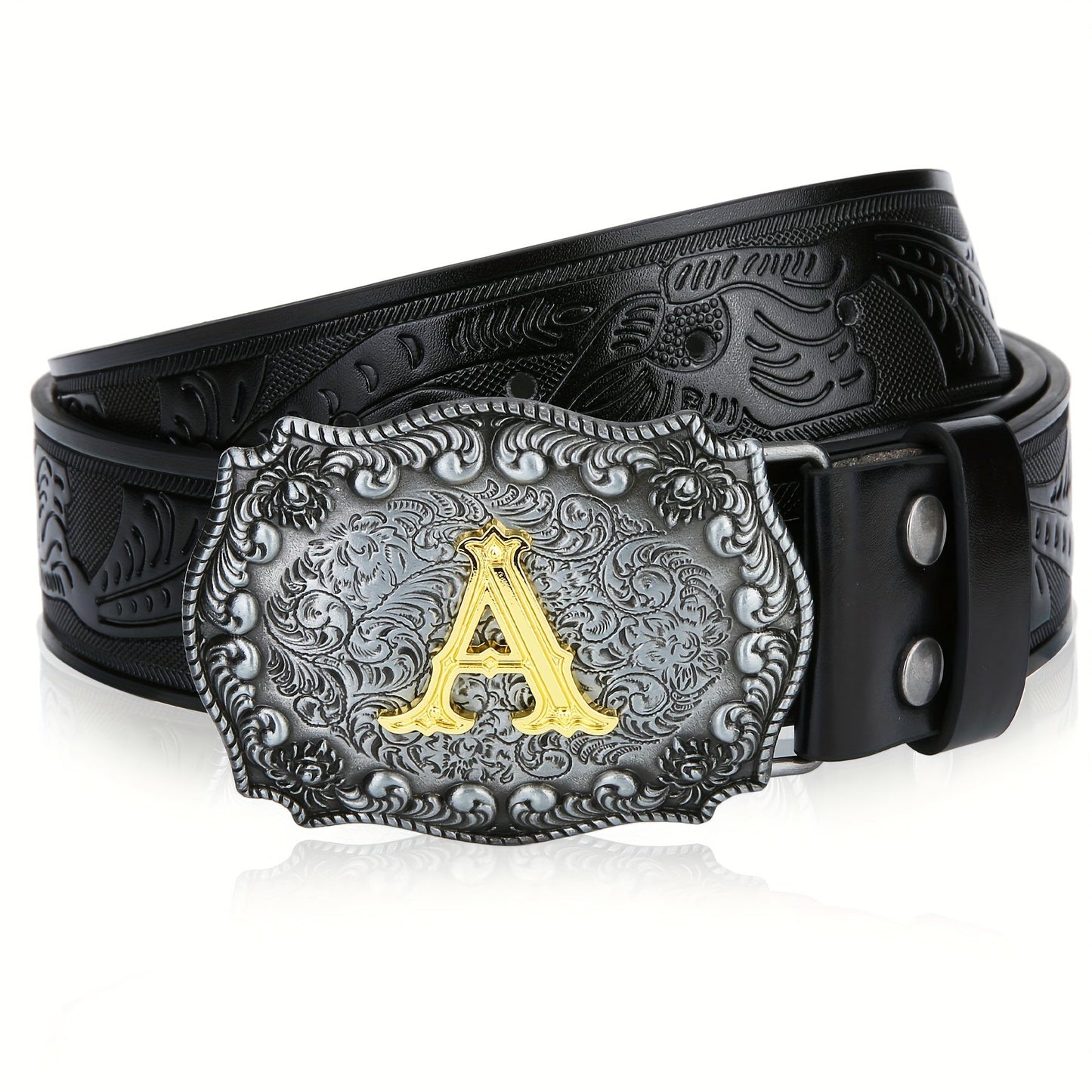 Men's Belt - Western for Embossed Floral Cowboy Longhorn Bull Pattern Big Letter Buckle - product detail view 51