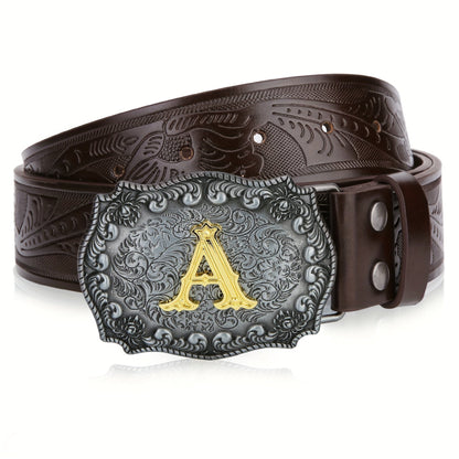 Men's Belt - Western for Embossed Floral Cowboy Longhorn Bull Pattern Big Letter Buckle - product detail view 52
