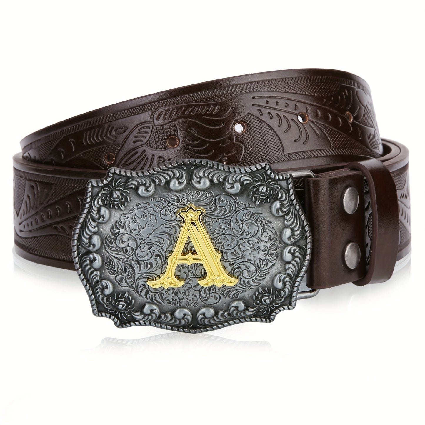 Men's Belt - Western for Embossed Floral Cowboy Longhorn Bull Pattern Big Letter Buckle - product detail view 54