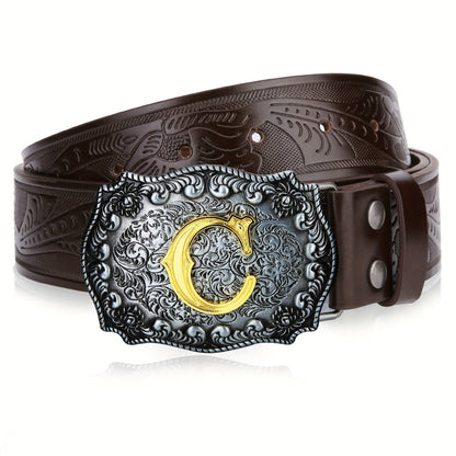 Men's Belt - Western for Embossed Floral Cowboy Longhorn Bull Pattern Big Letter Buckle - product detail view 62