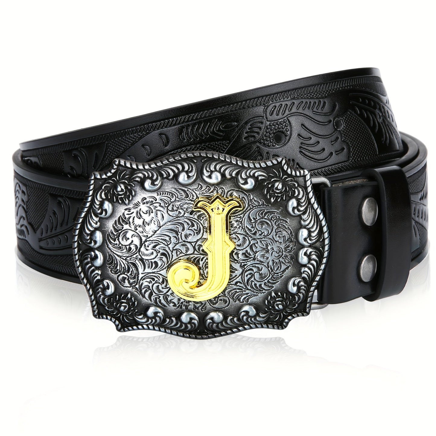 Men's Belt - Western for Embossed Floral Cowboy Longhorn Bull Pattern Big Letter Buckle - product detail view 68