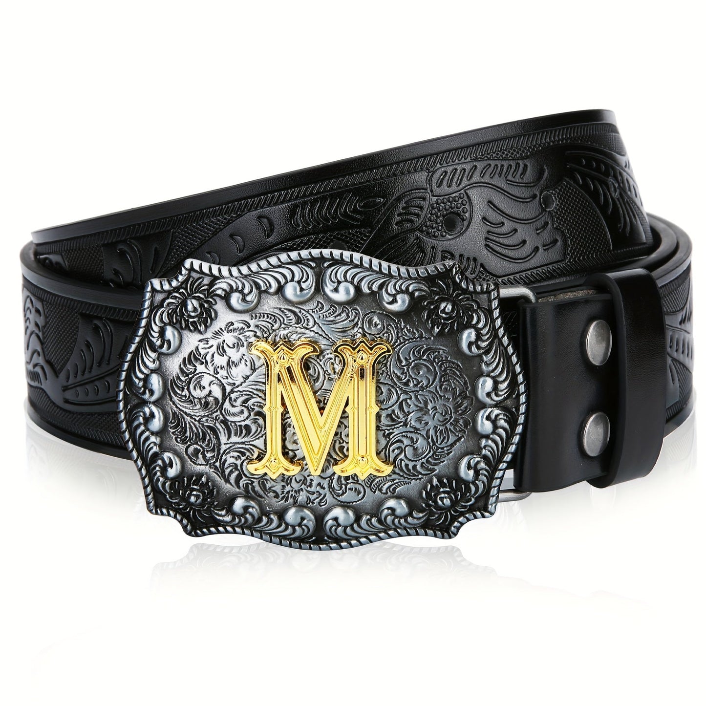 Men's Belt - Western for Embossed Floral Cowboy Longhorn Bull Pattern Big Letter Buckle - product detail view 71