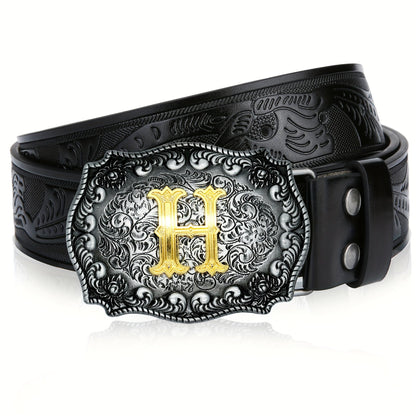 Men's Belt - Western for Embossed Floral Cowboy Longhorn Bull Pattern Big Letter Buckle - product detail view 76
