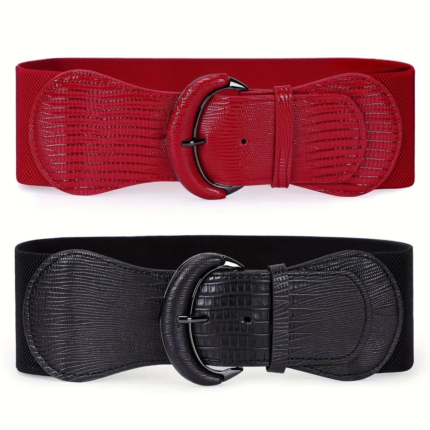 Women's Belt - Wide for 2Pcs Set - Elastic Needle Buckle Waist for Dresses, Black Red & - product detail view 15