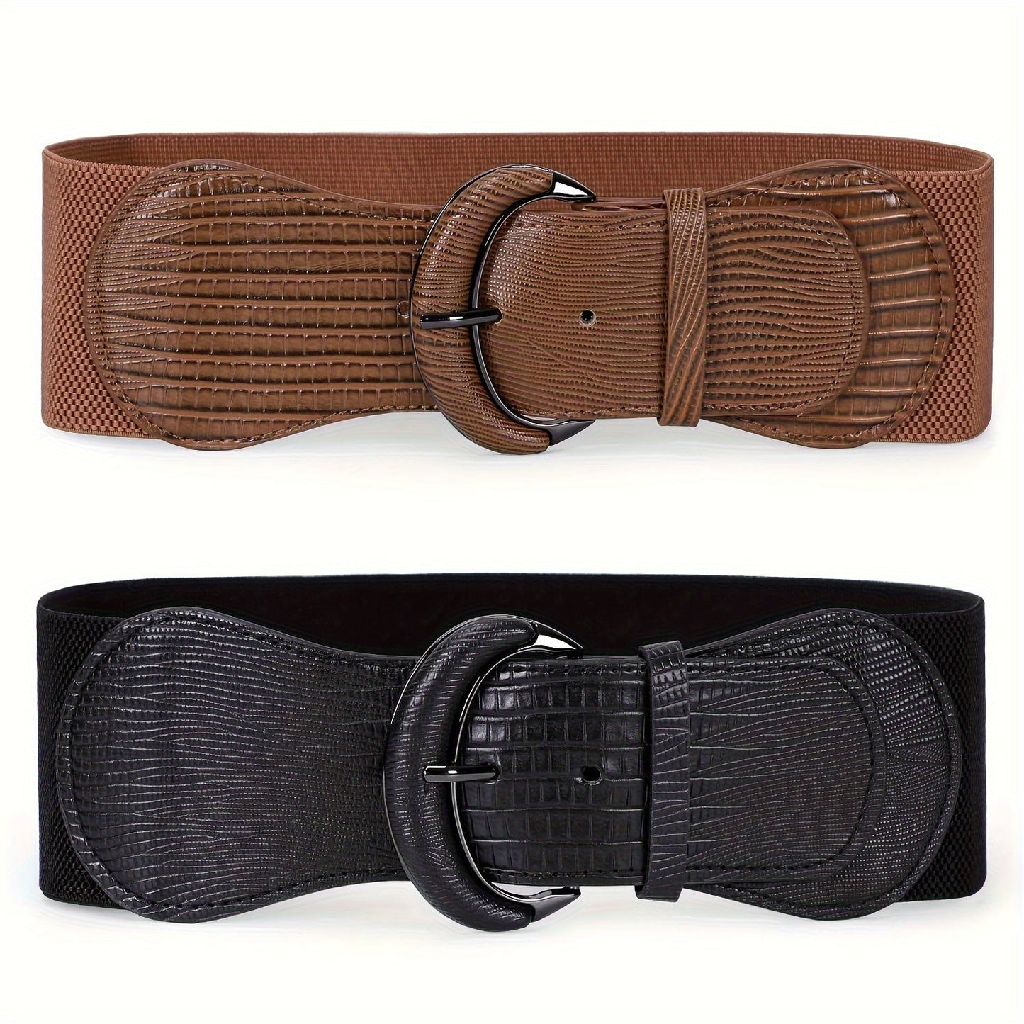 Women's Belt - Wide for 2Pcs Set - Elastic Needle Buckle Waist for Dresses, Black Red & - product detail view 16